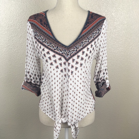 Kaii Tops - Kaii Tie Front Boho Print V-Neck Top 3/4 Sleeves
